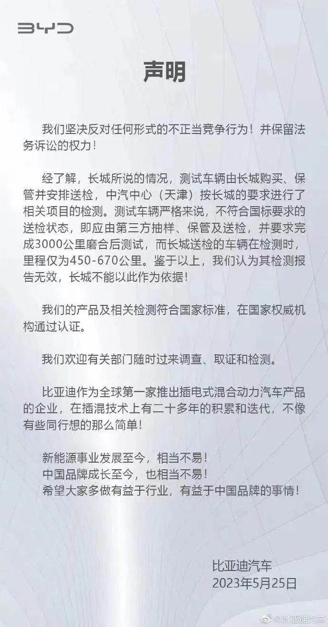 长城汽车：举报比亚迪事件将按照上市规则等要求履行信披义务