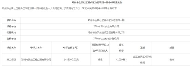 邓州金雷社区棚户区改造项目一期中标结果公告