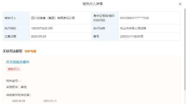 剑南春被强执超18亿元 此前董事长被判5年罚4亿