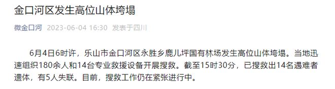 四川乐山金口河发生高位山体塌方已造成14人遇难  