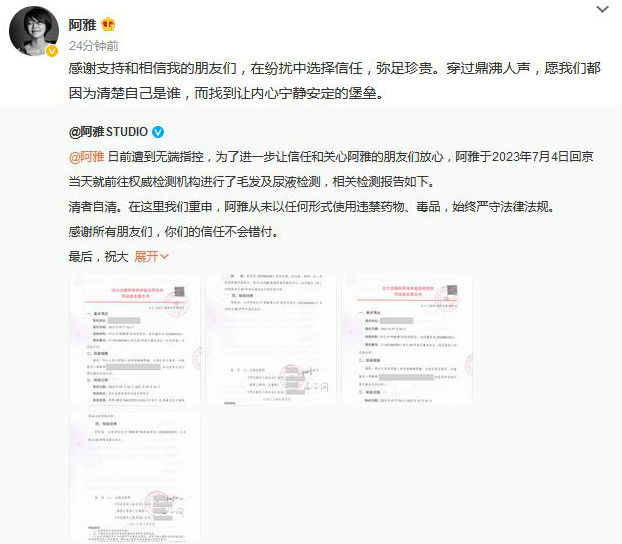 阿雅毛发及尿液检测报告出炉   阿雅方称清者自清