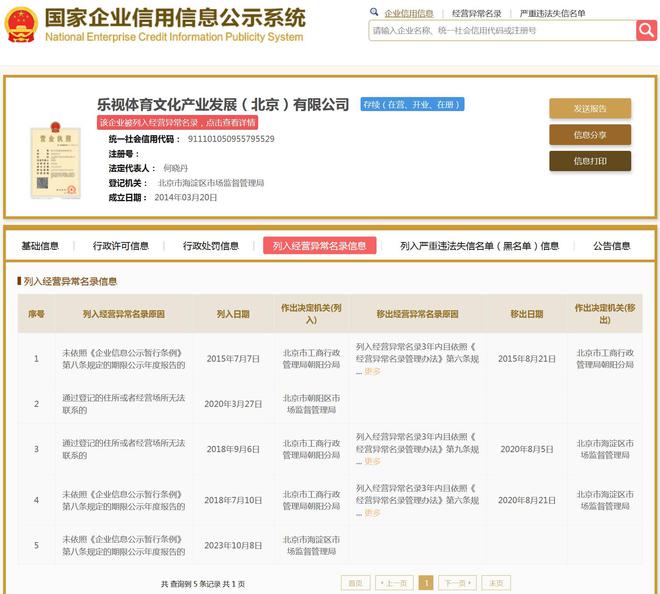 乐视体育被列入经营异常名录：未按规定期限公示年报