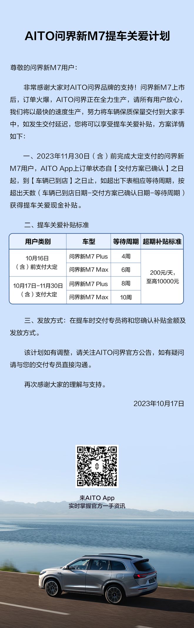 AITO 问界新 M7 提车关爱计划公布：交付延迟至高补贴 1 万元