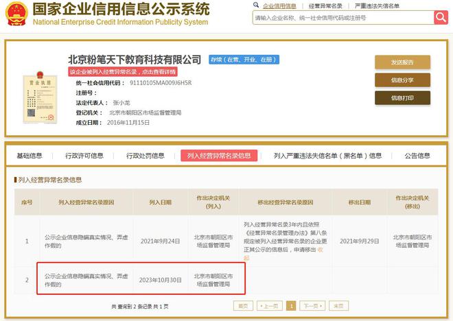 粉笔子公司企业信息作假被列入经营异常