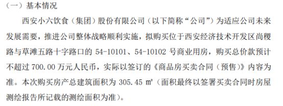 小六饮食拟购买位于西安经济技术开发区尚稷路与草滩五路十字路口的商业用房 购买总价预计不超过700万