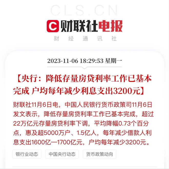 降低存量房贷利率完成，户均每年减少利息3200元，惠及1.5亿人！