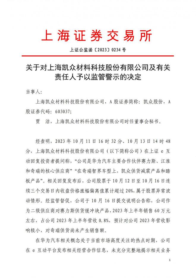 上交所出手！这家公司及董秘被警示，事涉华为汽车概念信披不准