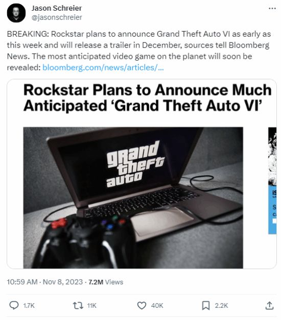 游戏圈顶流：GTA6爆料成Jason近半年点赞最高的推文