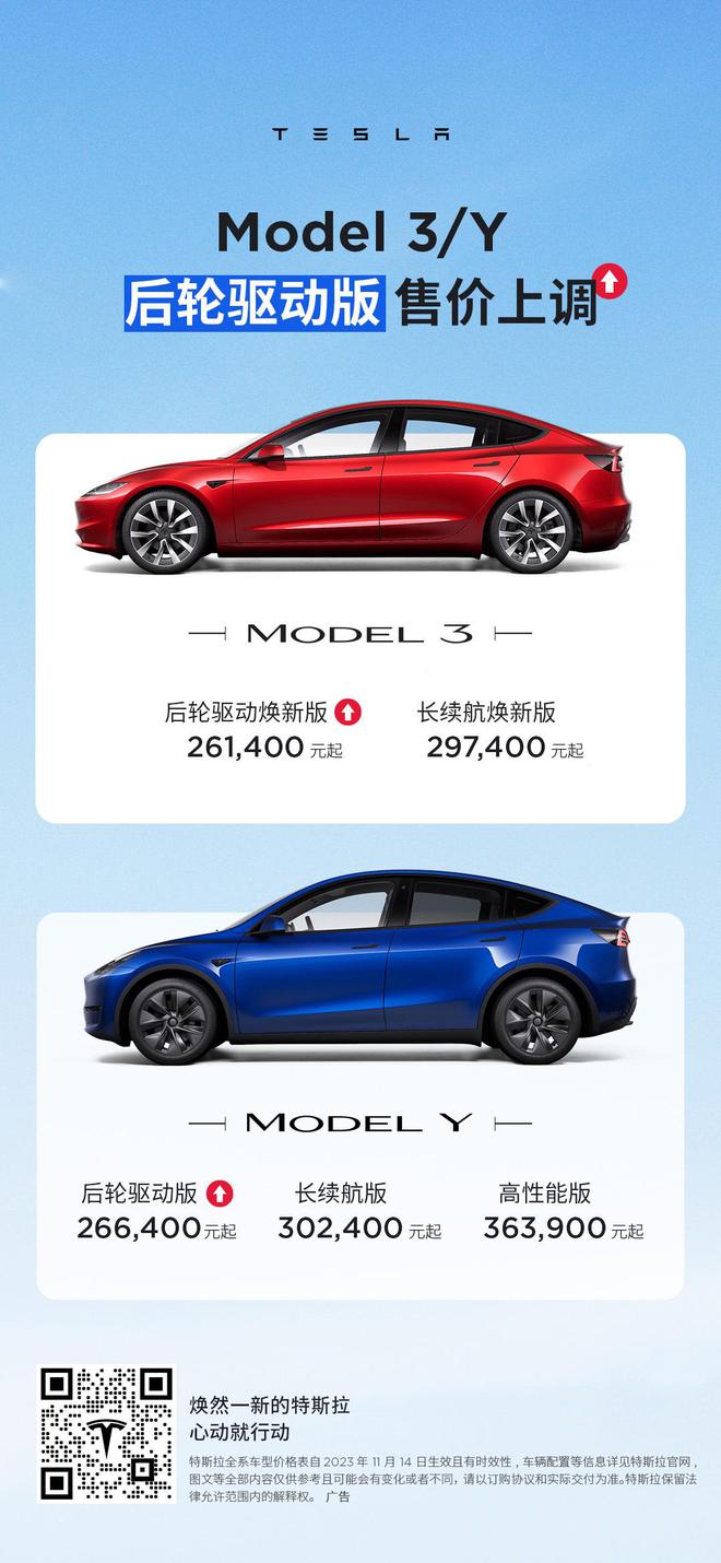 特斯拉中国再调价：Model 3/Y后驱版涨价1500元和2500元