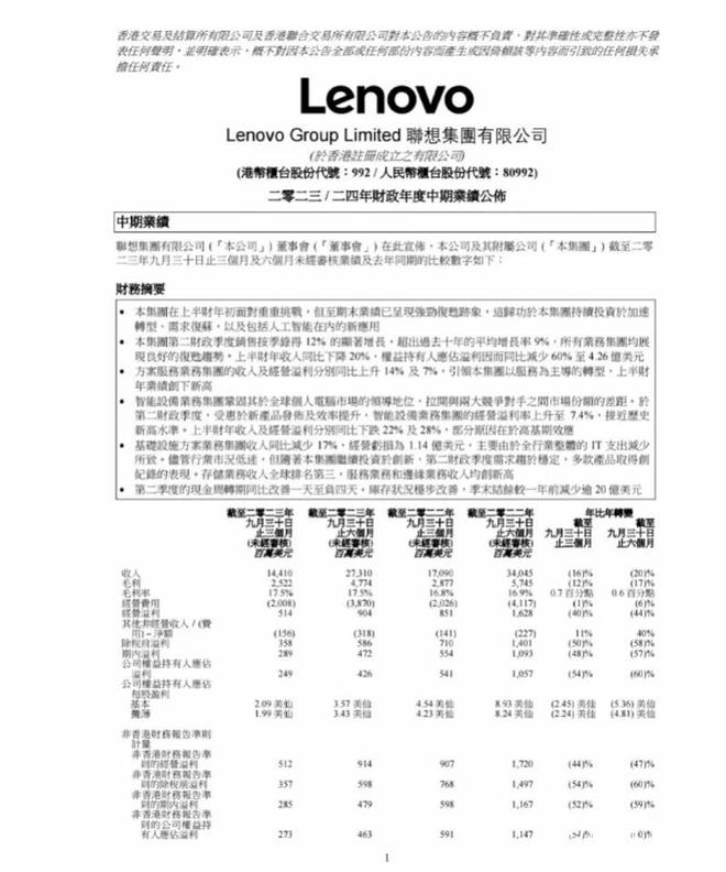 联想集团第二财季：非PC业务占比超四成，服务业务创新高