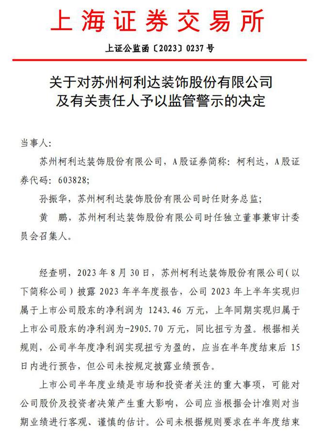 V观财报｜净利润扭亏未预告，柯利达及有关责任人被监管警示