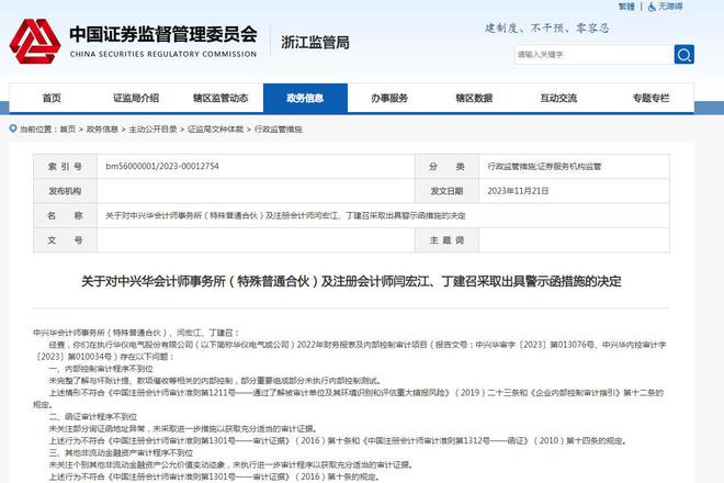 内控审计程序不到位 中兴华所及2名注册会计师被警示