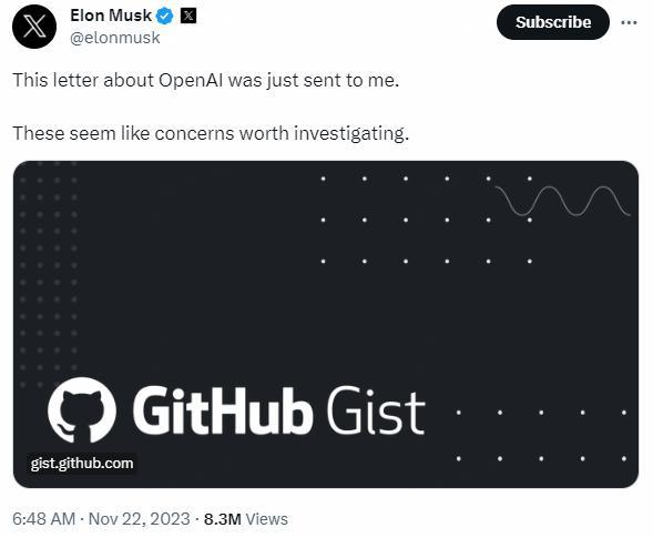 OpenAI前员工致信董事会要求调查奥特曼违规行为 马斯克：似乎值得调查