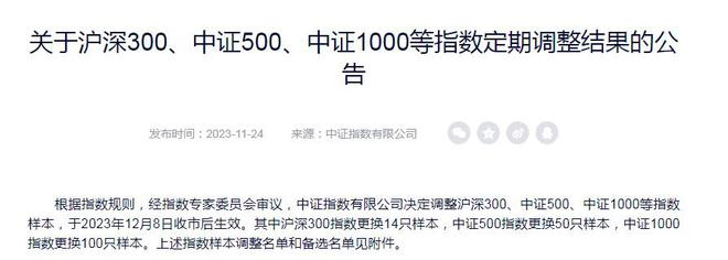 沪深300、上证50等指数调整样本 12月8日收市后生效