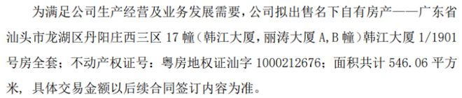 正全股份拟出售名下自有房产韩江大厦1/1901号房全套 面积共计546.06平方米