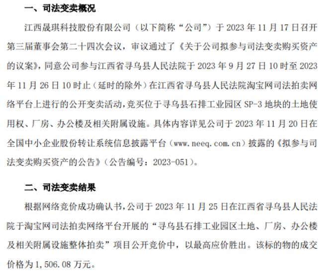 晟琪科技竞得“石排工业园区土地、厂房、办公楼及相关附属设施整体拍卖”项目 成交价格1506.08万