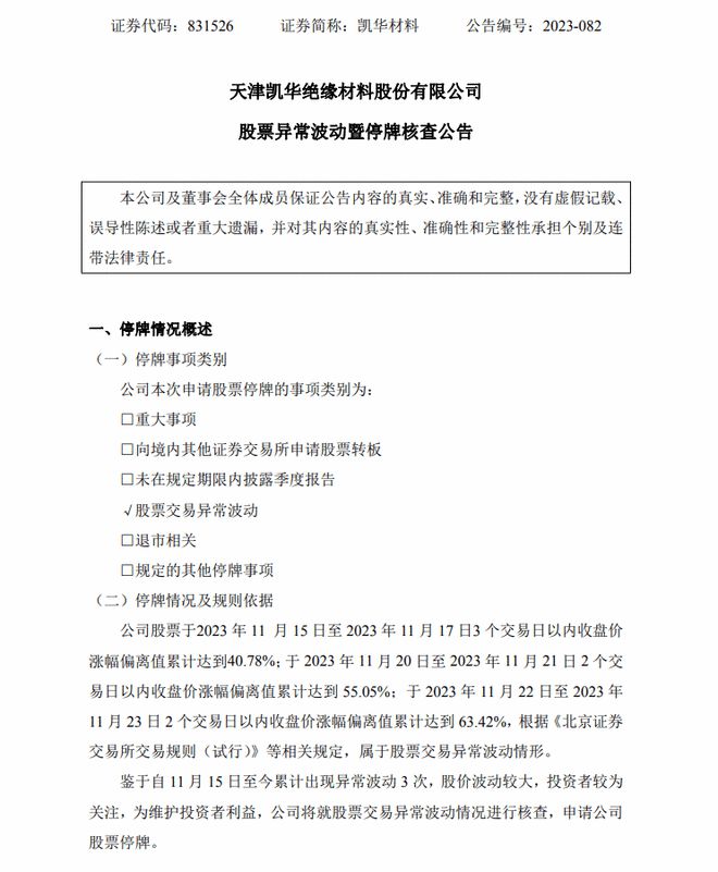 凯华材料：股票异常波动 将自11月28日起停牌