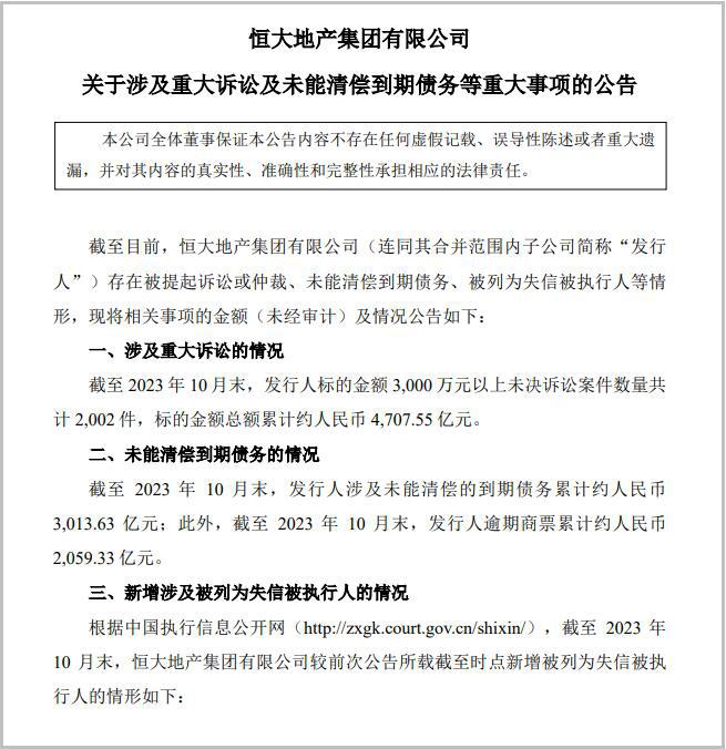 恒大地产：截至10月未能清偿的到期债务累计约3013.63亿元