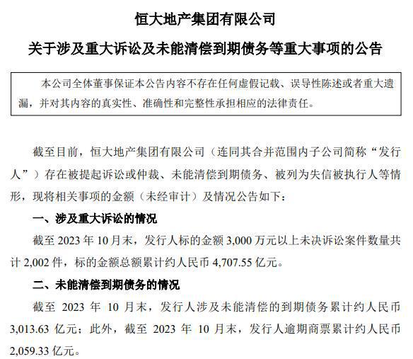 恒大地产：截至10月末，未能清偿到期债务约3013.63亿元