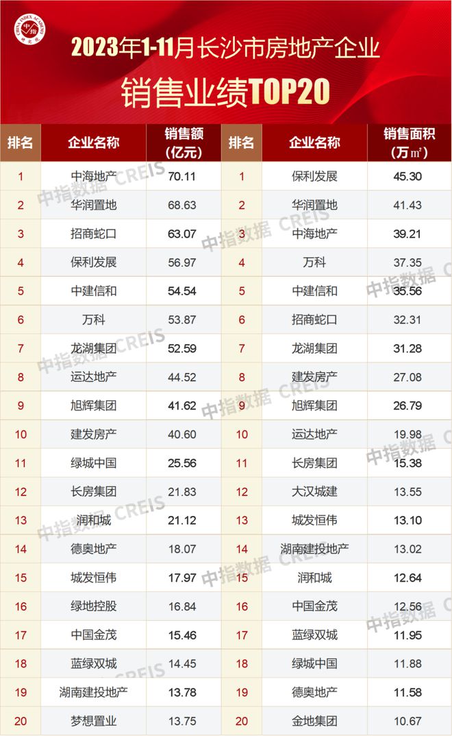 2023年1-11月长沙房地产企业销售业绩TOP20