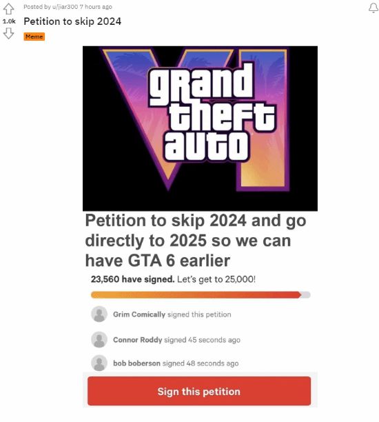 2025年太难等！《GTA6》粉丝请愿跳过2024年